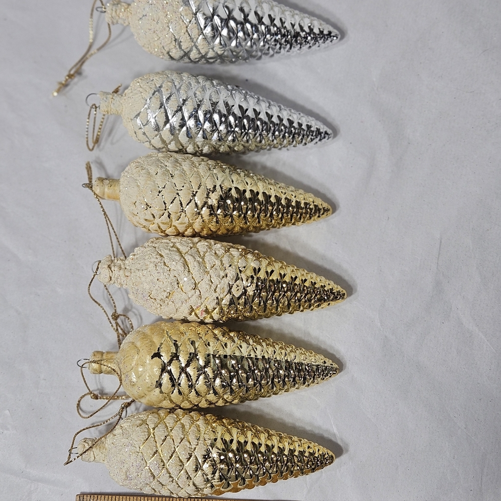 Bundle of 6 Snow-Covered Silver & Gold Pinecone Pine Cone Christmas Ornaments - Picture 4 of 5